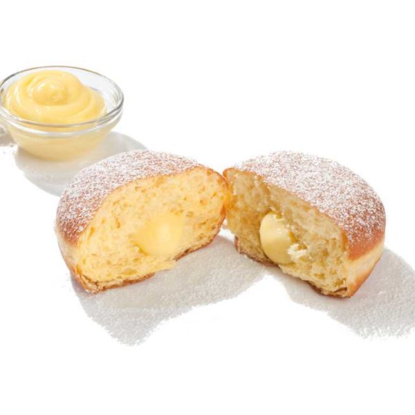 Soffice krapfen di pasta ripiena di crema pasticcera.