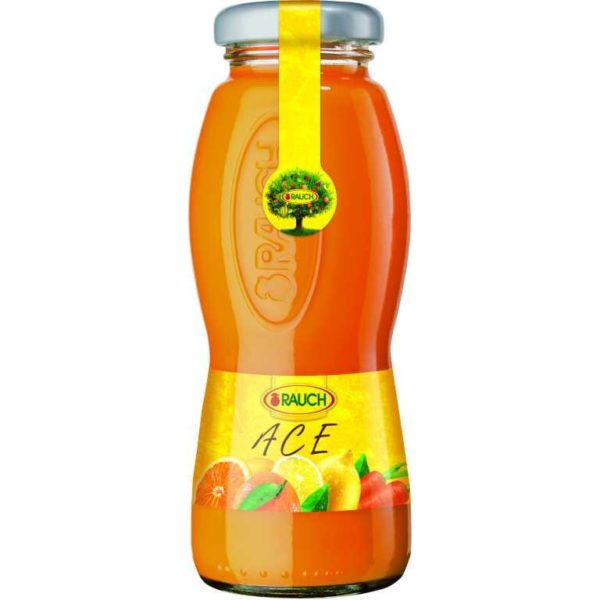 Bottiglia di succo di Ace 100%. Prodotto senza glutine. Prodotto vegano.