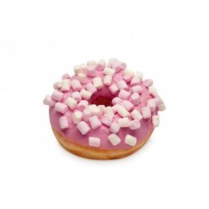 Donut con decorazione rosa e mini marshmallow in superficie.