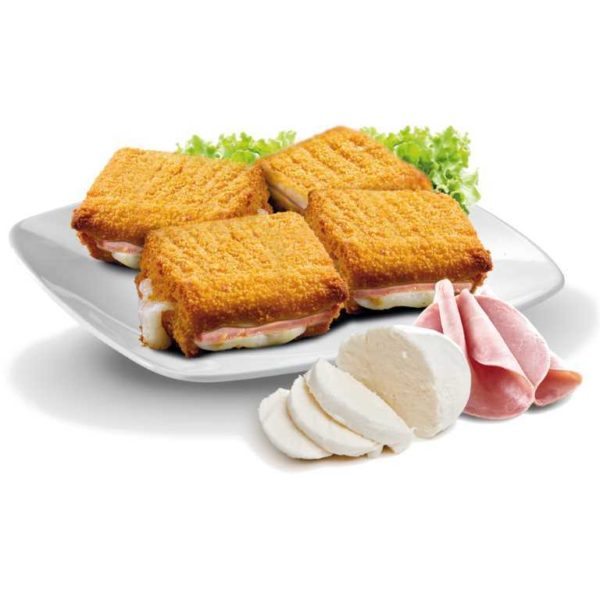 Mozzarella in carrozza realizzata con pane da tramezzino ripieno di mozzarella e prosciutto cotto.