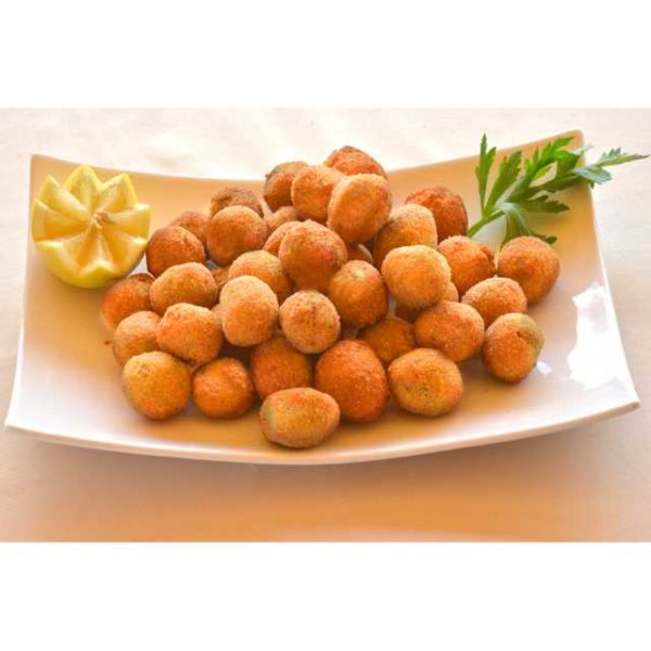 Le classiche olive all'ascolana con olive verdi denocciolate con farcitura di carne e mortadella