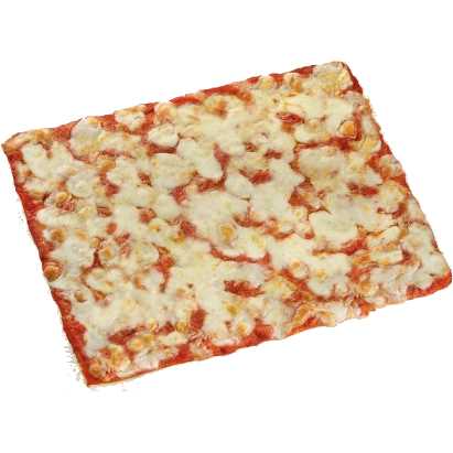 Pizza margherita in trancio con doppia mozzarella in superficie.