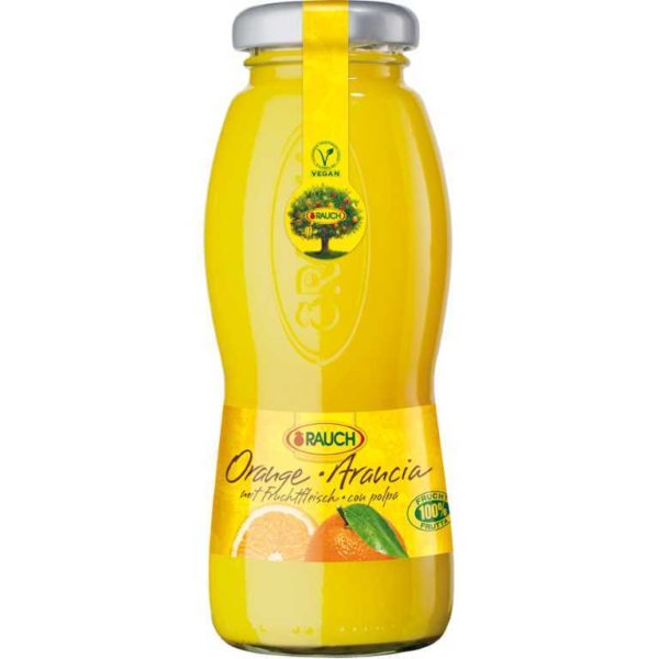 Bottiglia di succo di polpa di Arancia 100%. Prodotto senza glutine. Prodotto vegano.