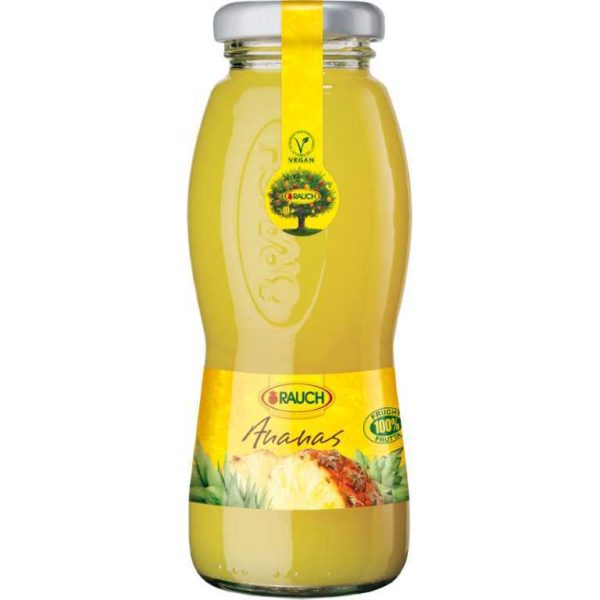 Bottiglia di succo di Ananas 100%. Prodotto senza glutine. Prodotto vegano.